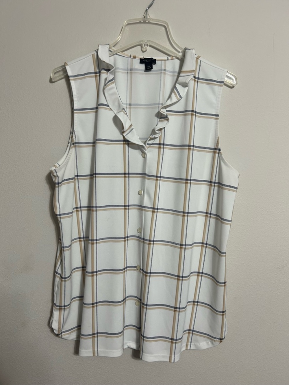 Ann Taylor Factory Cream Plaid Ruffle Collar Sleeveless Blouse